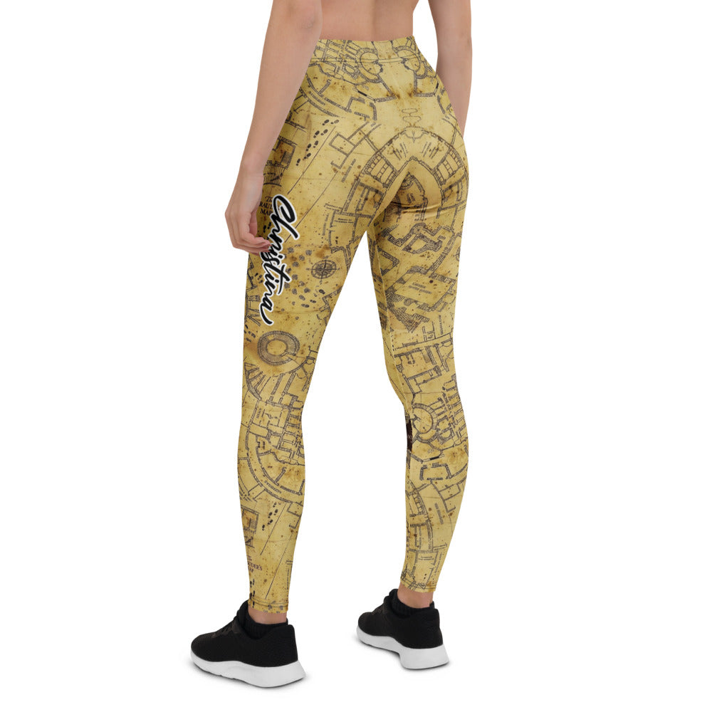 Personalisierte Damen Sportleggings Marauder's Map Design Karte des Rumtreibers Beige Fitness Yoga Leggings A110