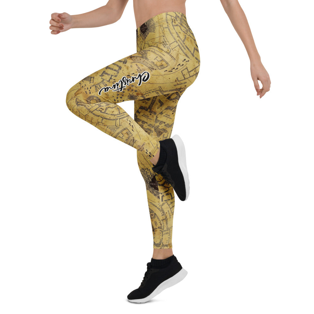 Personalisierte Damen Sportleggings Marauder's Map Design Karte des Rumtreibers Beige Fitness Yoga Leggings A110