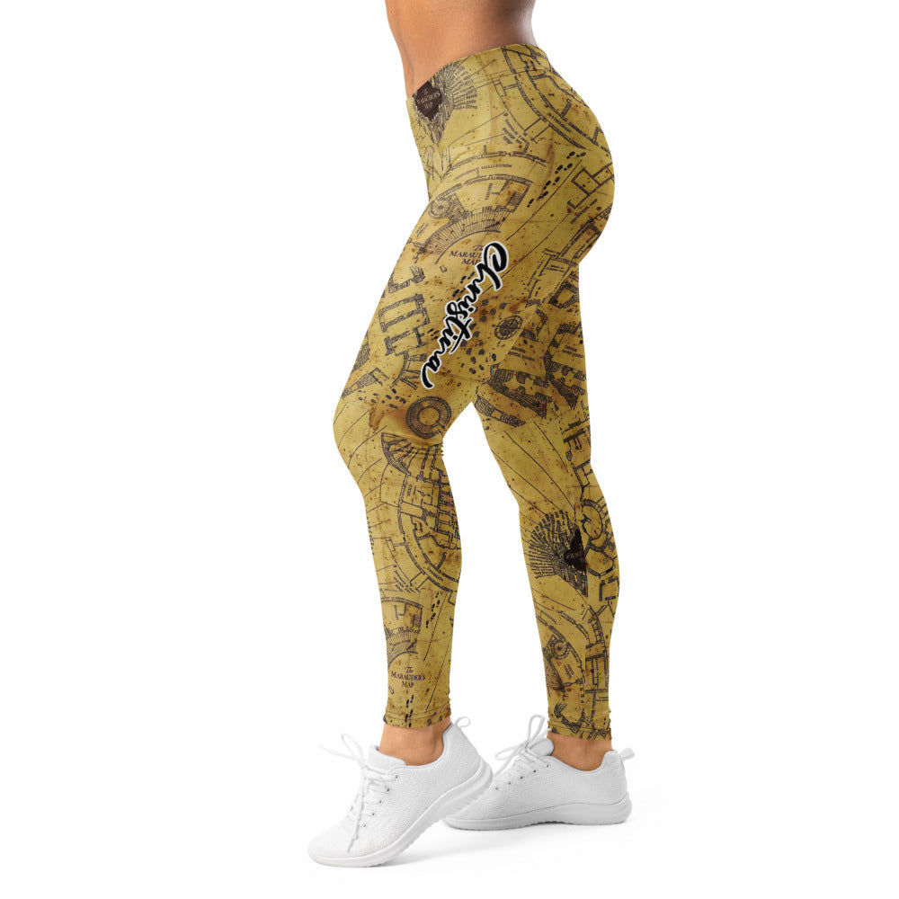 Personalisierte Damen Sportleggings Marauder's Map Design Karte des Rumtreibers Beige Fitness Yoga Leggings A110