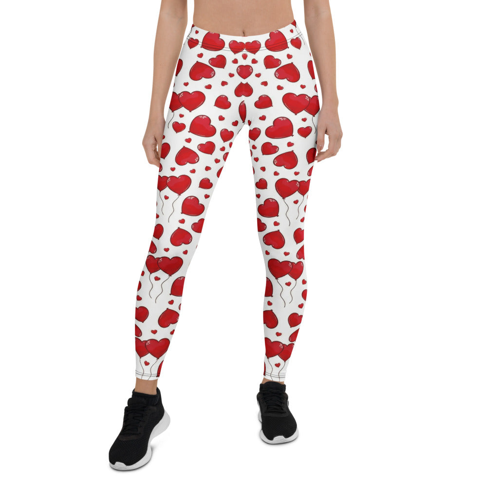 Personalisierte Damen Sportleggings Weiß Rot mit Herz-Luftballon Muster Fitness Yoga Leggings M341