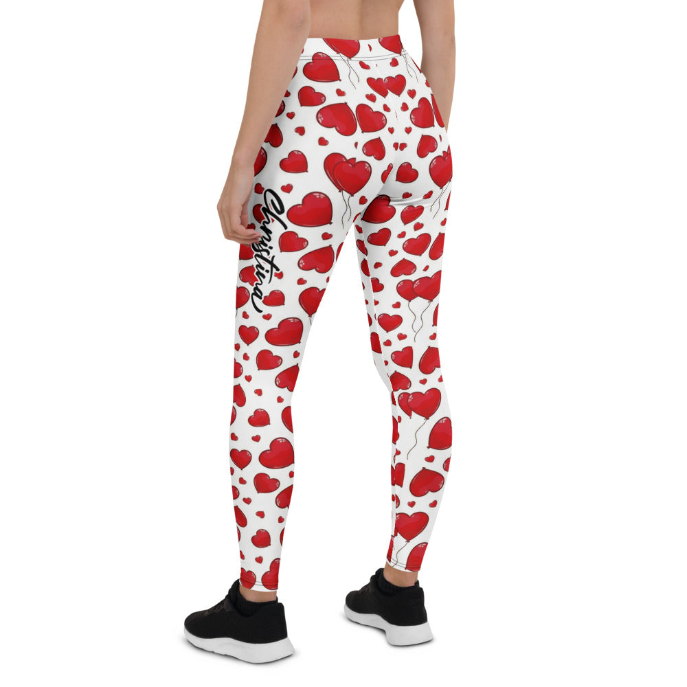 Personalisierte Damen Sportleggings Weiß Rot mit Herz-Luftballon Muster Fitness Yoga Leggings M341