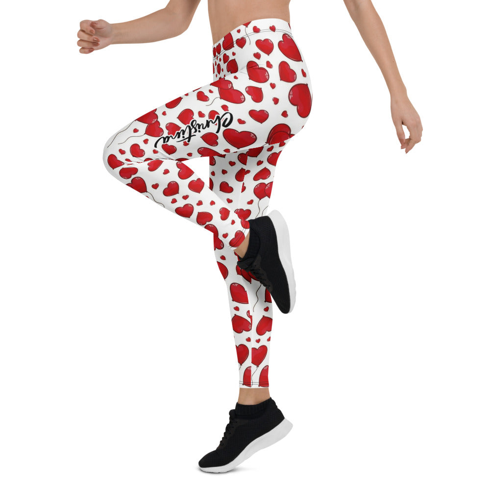 Personalisierte Damen Sportleggings Weiß Rot mit Herz-Luftballon Muster Fitness Yoga Leggings M341