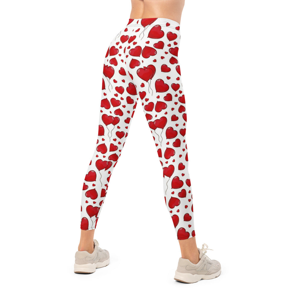 Personalisierte Damen Sportleggings Weiß Rot mit Herz-Luftballon Muster Fitness Yoga Leggings M341