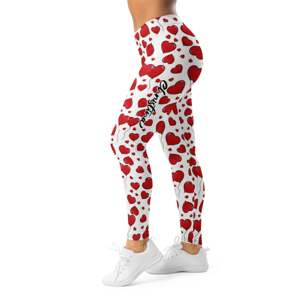Personalisierte Damen Sportleggings Weiß Rot mit Herz-Luftballon Muster Fitness Yoga Leggings M341