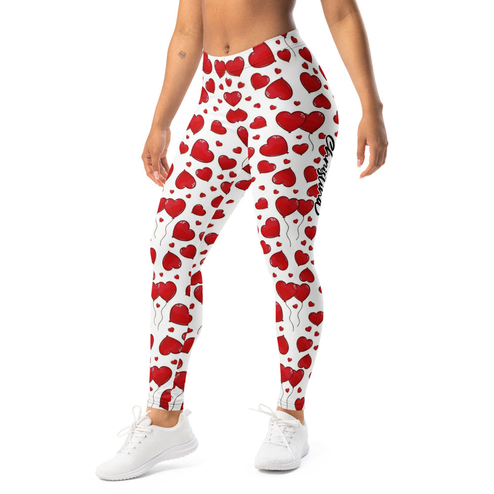 Personalisierte Damen Sportleggings Weiß Rot mit Herz-Luftballon Muster Fitness Yoga Leggings M341