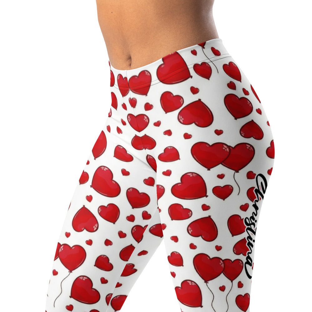 Personalisierte Damen Sportleggings Weiß Rot mit Herz-Luftballon Muster Fitness Yoga Leggings M341