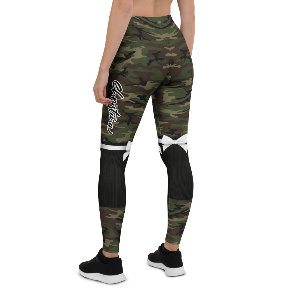 Personalisierte Damen Sportleggings Camouflage Tarnmuster mit Schleifen-Print Fitness Leggings Grün Schwarz Y247