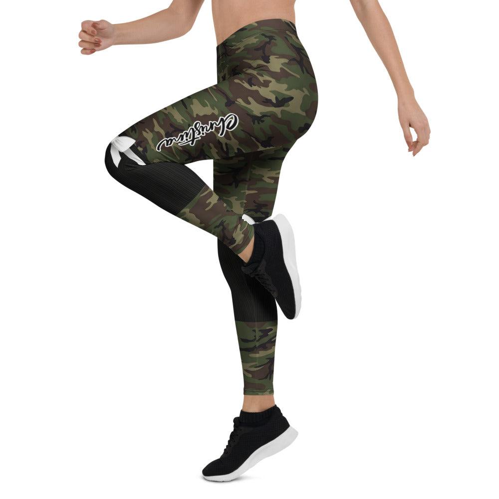 Personalisierte Damen Sportleggings Camouflage Tarnmuster mit Schleifen-Print Fitness Leggings Grün Schwarz Y247