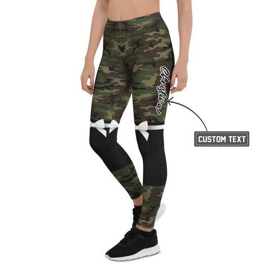 Personalisierte Damen Sportleggings Camouflage Tarnmuster mit Schleifen-Print Fitness Leggings Grün Schwarz Y247 - XL