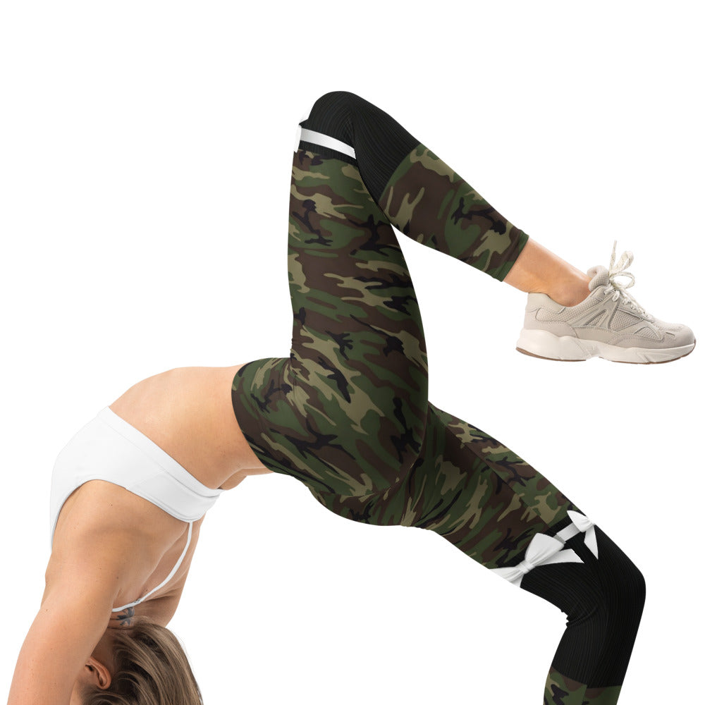 Personalisierte Damen Sportleggings Camouflage Tarnmuster mit Schleifen-Print Fitness Leggings Grün Schwarz Y247