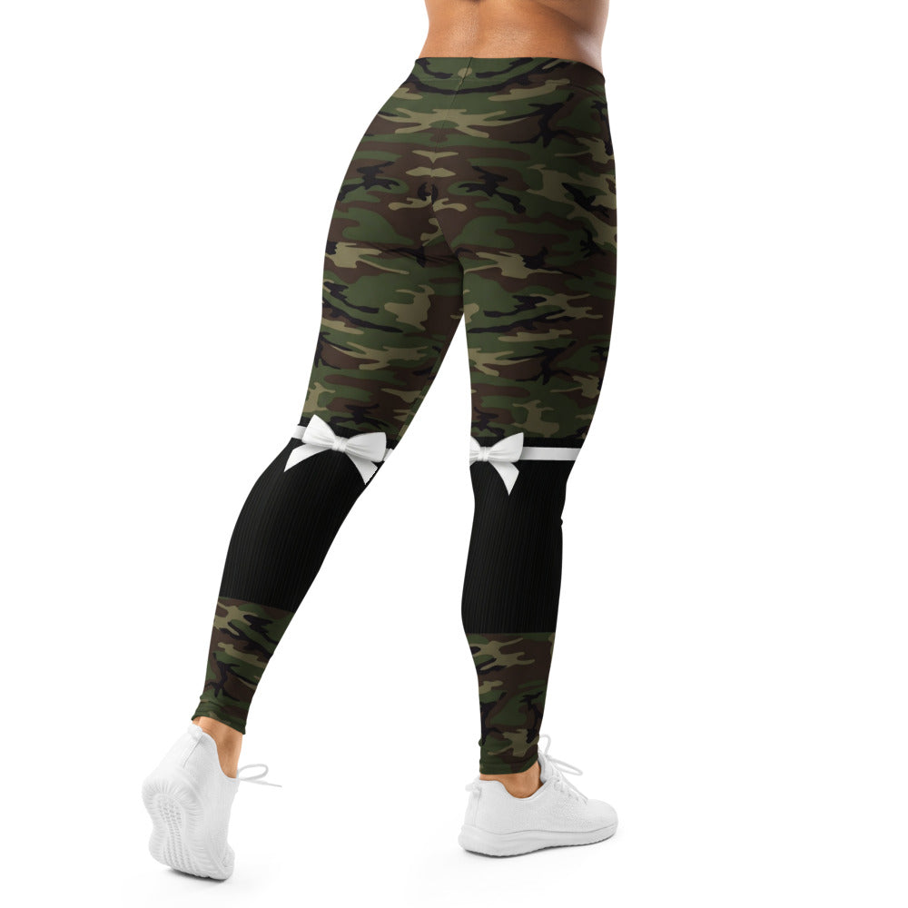 Personalisierte Damen Sportleggings Camouflage Tarnmuster mit Schleifen-Print Fitness Leggings Grün Schwarz Y247