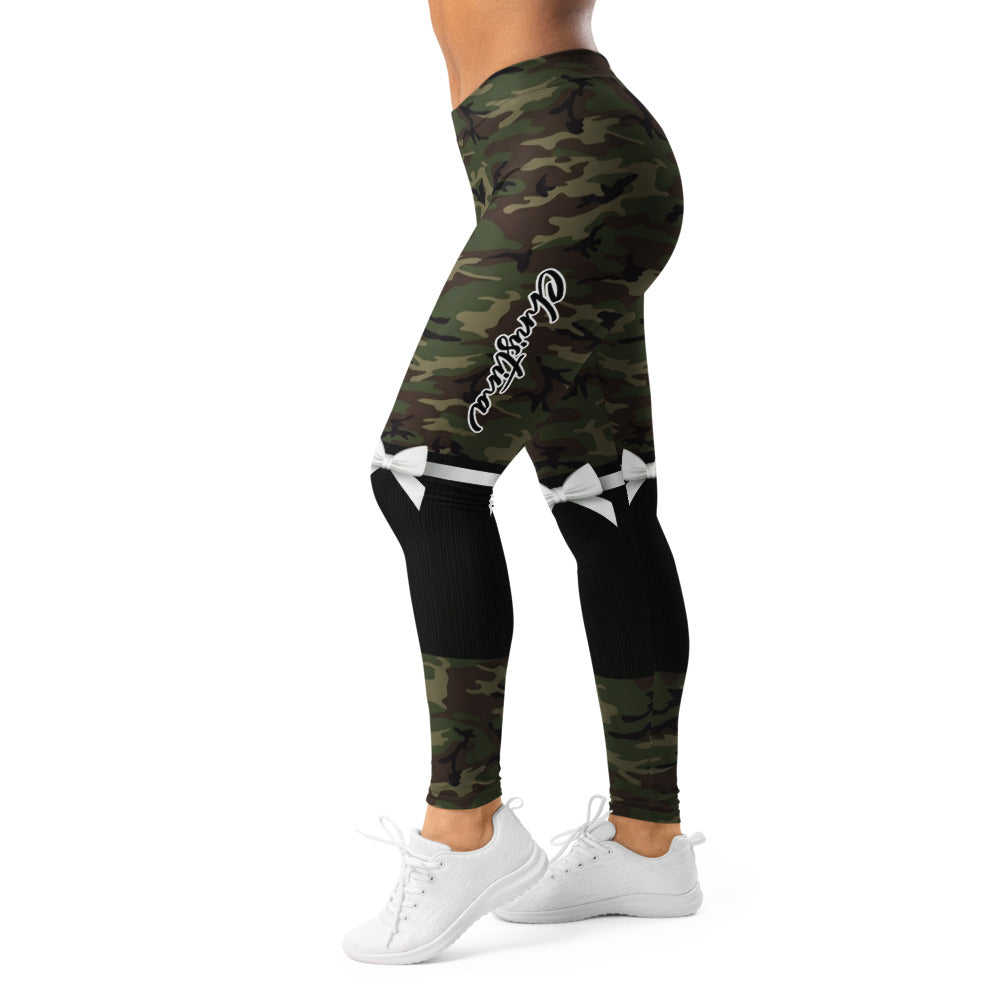 Personalisierte Damen Sportleggings Camouflage Tarnmuster mit Schleifen-Print Fitness Leggings Grün Schwarz Y247
