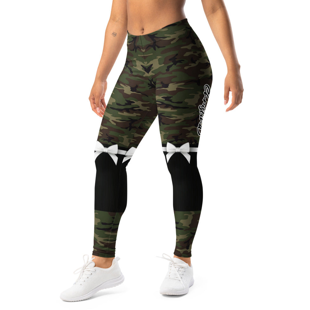 Personalisierte Damen Sportleggings Camouflage Tarnmuster mit Schleifen-Print Fitness Leggings Grün Schwarz Y247