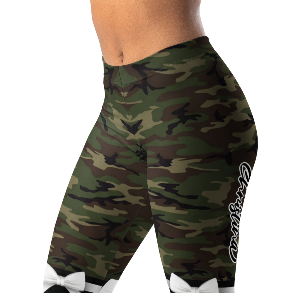Personalisierte Damen Sportleggings Camouflage Tarnmuster mit Schleifen-Print Fitness Leggings Grün Schwarz Y247