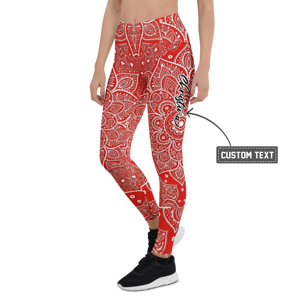 Personalisierte Sportleggings Damen Mandala Muster Rot Weiß Fitness Leggings Yoga Hose T248 - XL