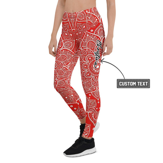 Personalisierte Sportleggings Damen Mandala Muster Rot Weiß Fitness Leggings Yoga Hose T248 - XL