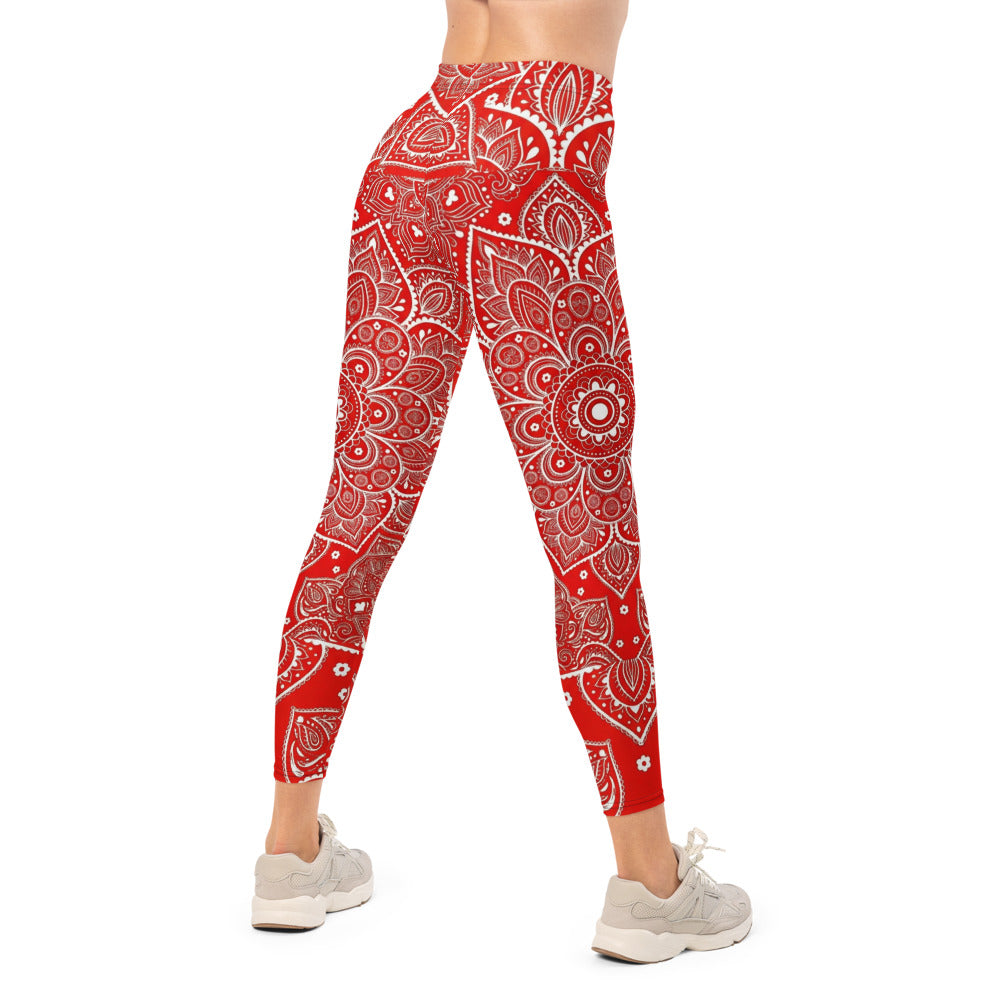 Personalisierte Sportleggings Damen Mandala Muster Rot Weiß Fitness Leggings Yoga Hose T248
