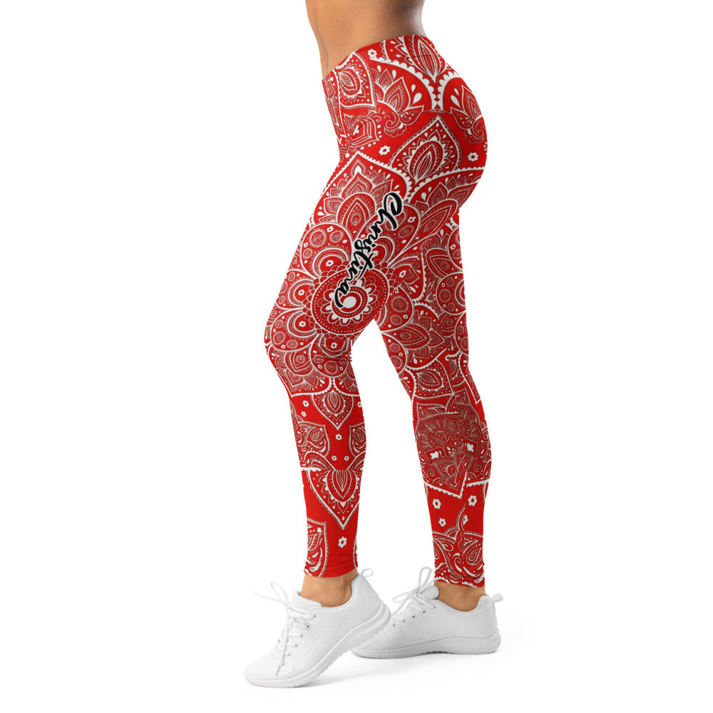 Personalisierte Sportleggings Damen Mandala Muster Rot Weiß Fitness Leggings Yoga Hose T248