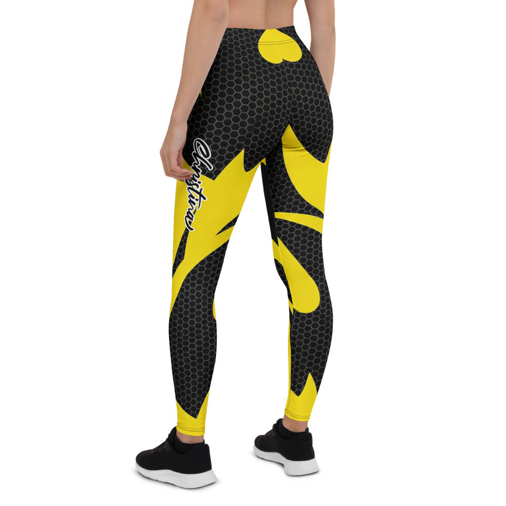 Personalisierte Damen Sportleggings Gelb Schwarz Wabenmuster Abstraktes Design Fitness Leggings G255