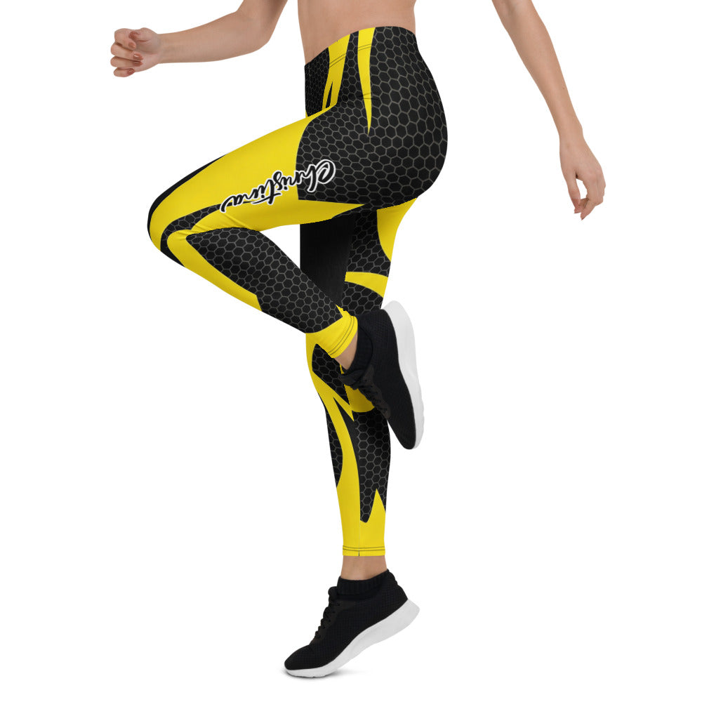 Personalisierte Damen Sportleggings Gelb Schwarz Wabenmuster Abstraktes Design Fitness Leggings G255