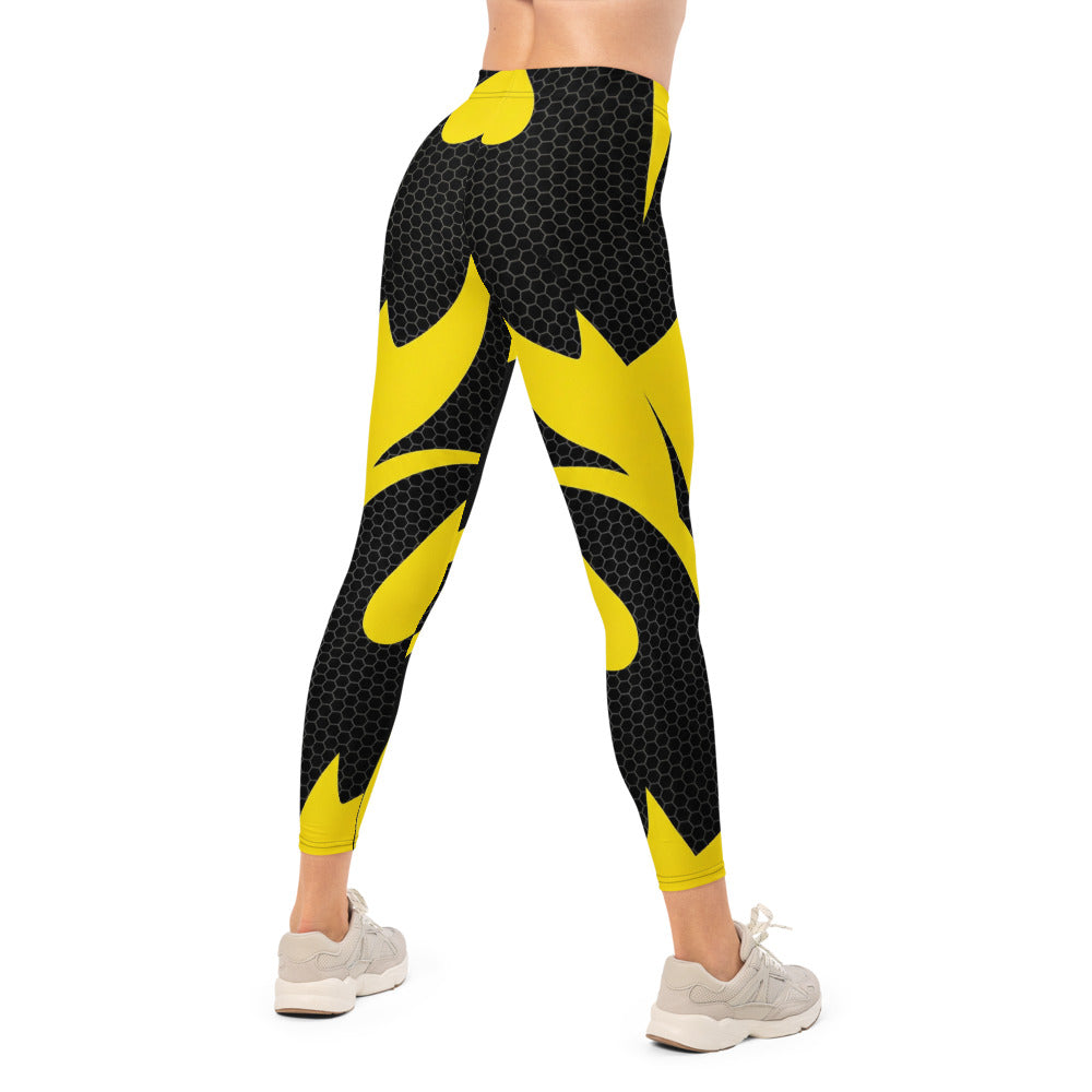 Personalisierte Damen Sportleggings Gelb Schwarz Wabenmuster Abstraktes Design Fitness Leggings G255
