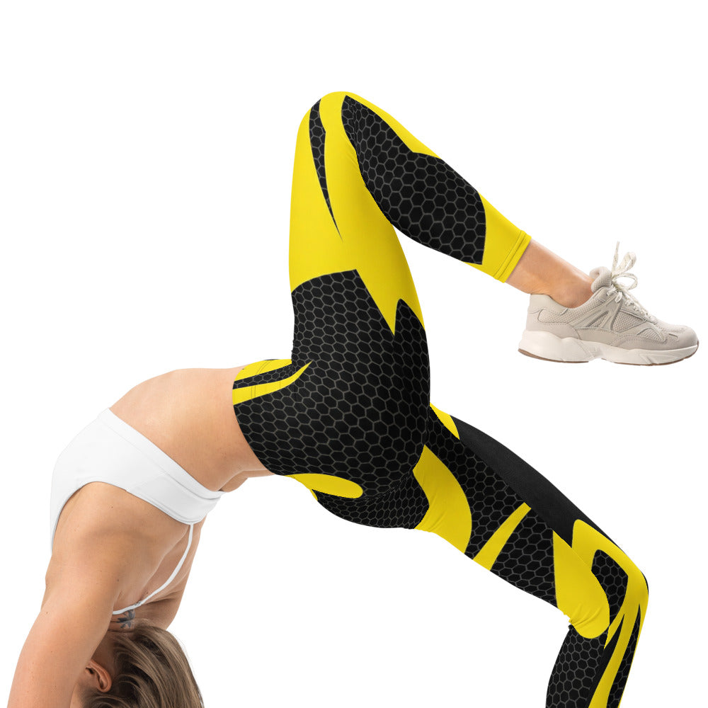Personalisierte Damen Sportleggings Gelb Schwarz Wabenmuster Abstraktes Design Fitness Leggings G255