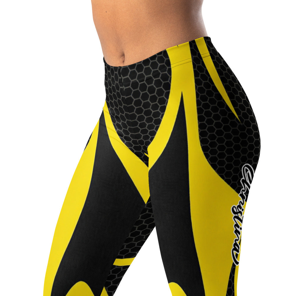 Personalisierte Damen Sportleggings Gelb Schwarz Wabenmuster Abstraktes Design Fitness Leggings G255