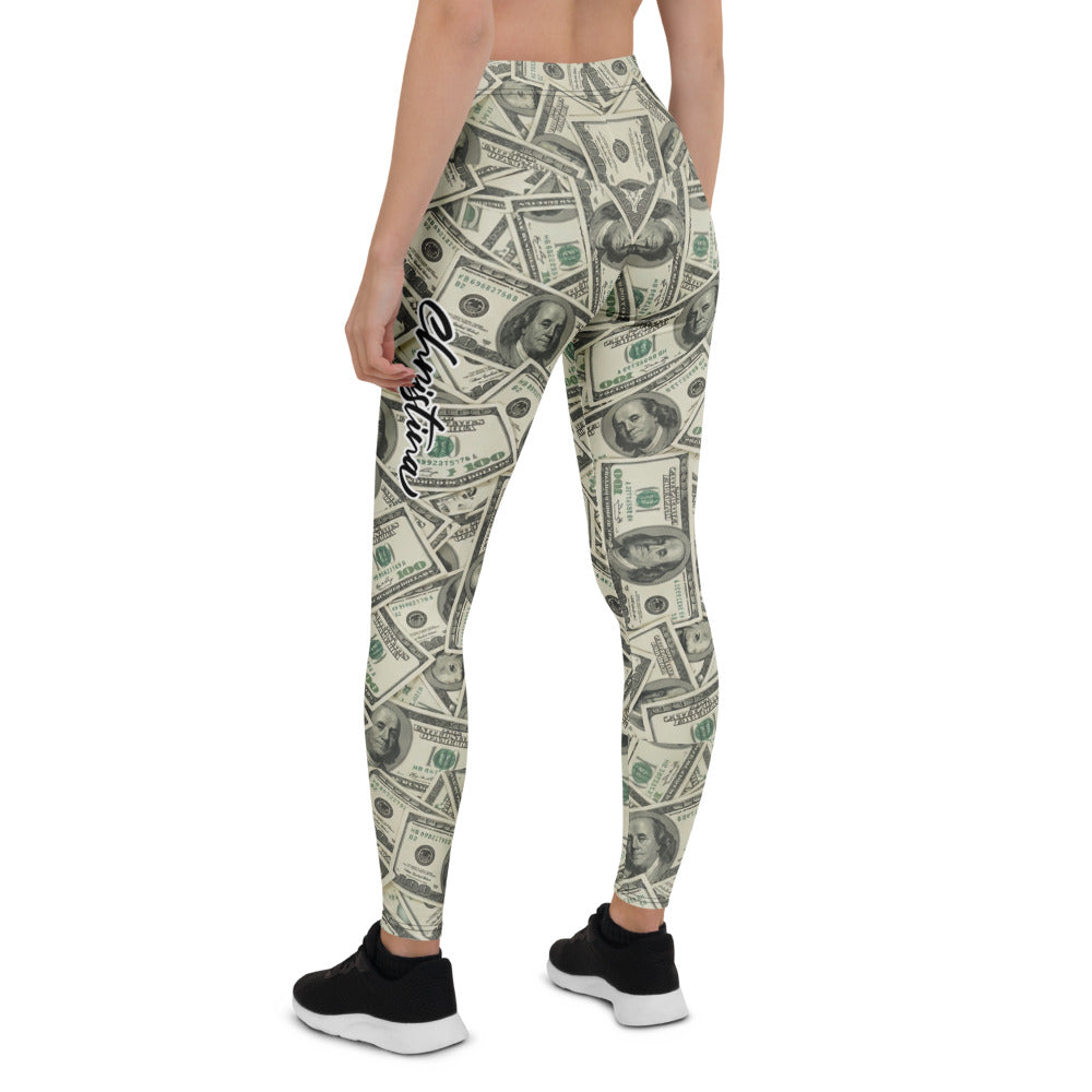 Personalisierte Damen Sportleggings Dollar Geldschein Muster Fitness Leggings Yoga Hose Beige Grün E224