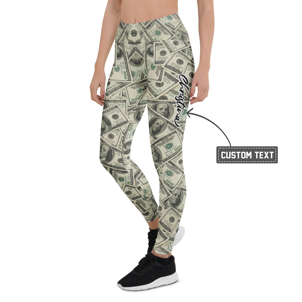 Personalisierte Damen Sportleggings Dollar Geldschein Muster Fitness Leggings Yoga Hose Beige Grün E224 - XL