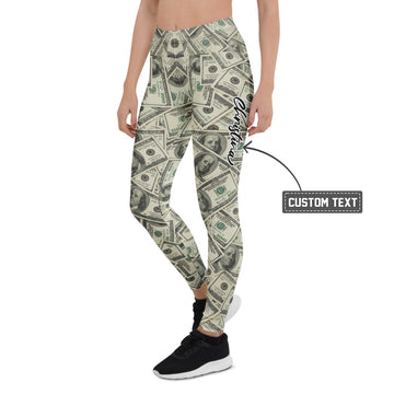 Personalisierte Damen Sportleggings Dollar Geldschein Muster Fitness Leggings Yoga Hose Beige Grün E224 - XL