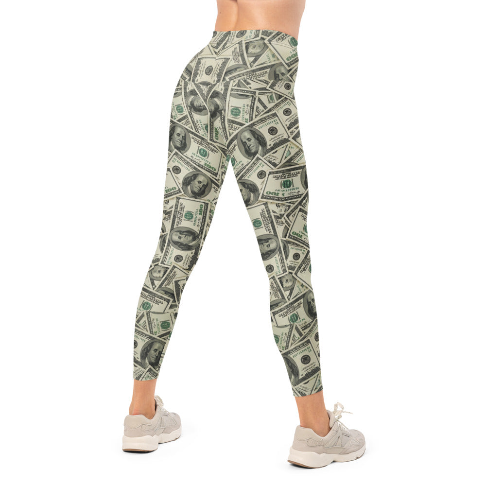 Personalisierte Damen Sportleggings Dollar Geldschein Muster Fitness Leggings Yoga Hose Beige Grün E224