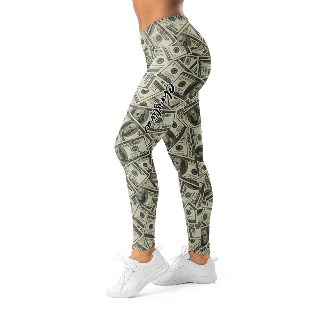 Personalisierte Damen Sportleggings Dollar Geldschein Muster Fitness Leggings Yoga Hose Beige Grün E224