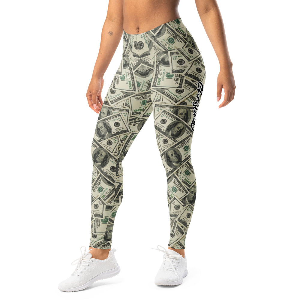 Personalisierte Damen Sportleggings Dollar Geldschein Muster Fitness Leggings Yoga Hose Beige Grün E224