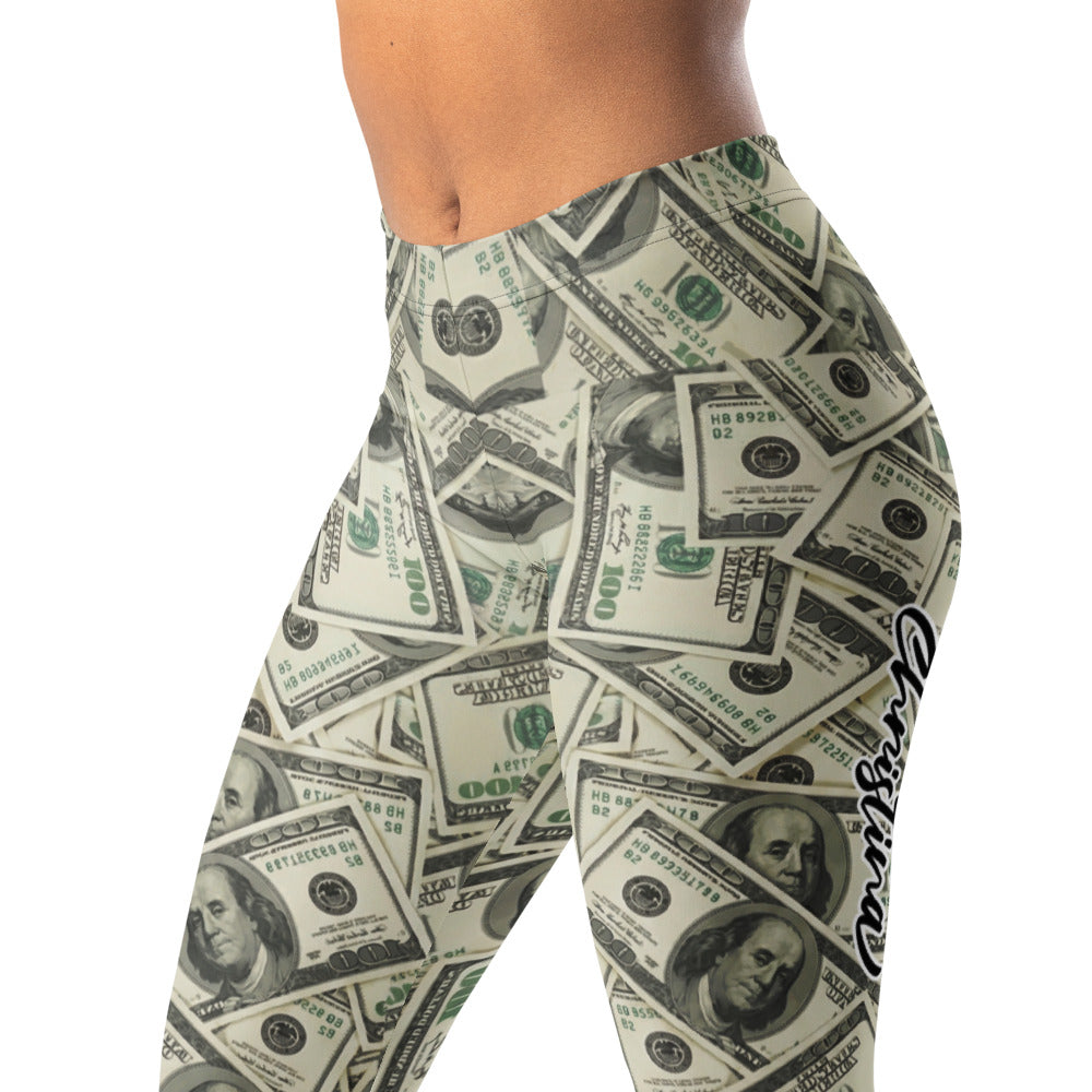 Personalisierte Damen Sportleggings Dollar Geldschein Muster Fitness Leggings Yoga Hose Beige Grün E224