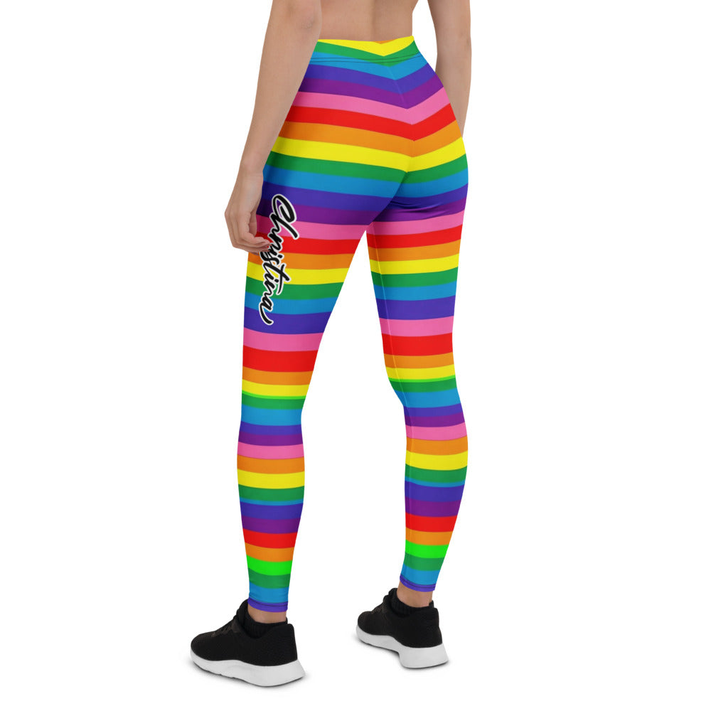 Personalisierte Sportleggings Damen Regenbogen Gestreift Bunt Fitness Yoga Leggings Pride Design E492