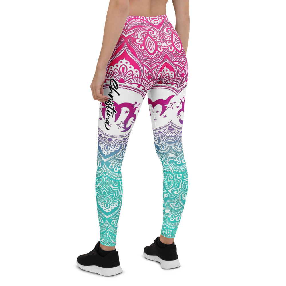 Personalisierte Damen Yoga Leggings Mandala Muster Pink Türkis Fitness Sportleggings Farbverlauf H919