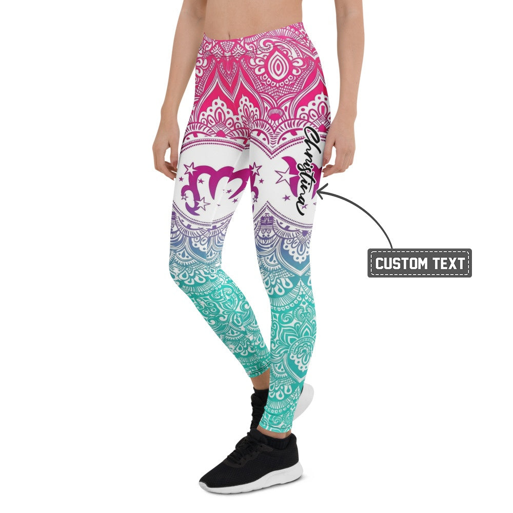 Personalisierte Damen Yoga Leggings Mandala Muster Pink Türkis Fitness Sportleggings Farbverlauf H919 - XL