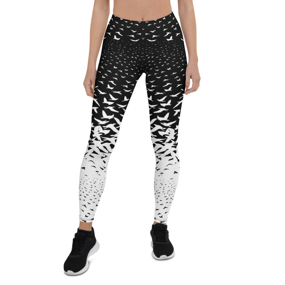 Personalisierte Damen Sportleggings Schwarz Weiß Vogelschwarm Design Yoga Fitnesshose L315