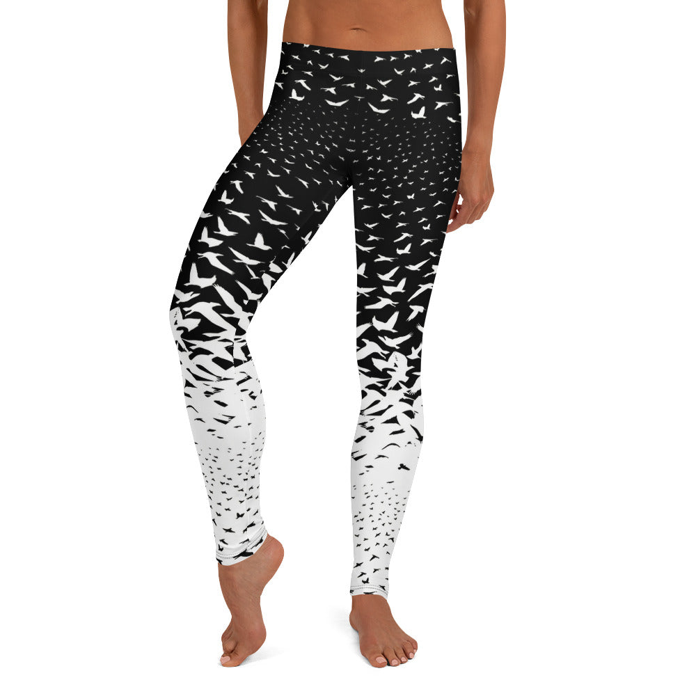 Personalisierte Damen Sportleggings Schwarz Weiß Vogelschwarm Design Yoga Fitnesshose L315