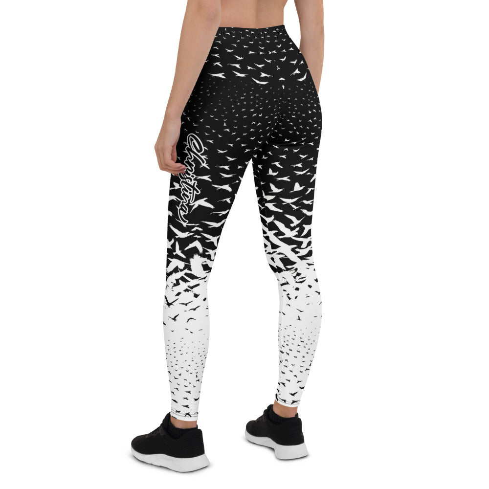 Personalisierte Damen Sportleggings Schwarz Weiß Vogelschwarm Design Yoga Fitnesshose L315