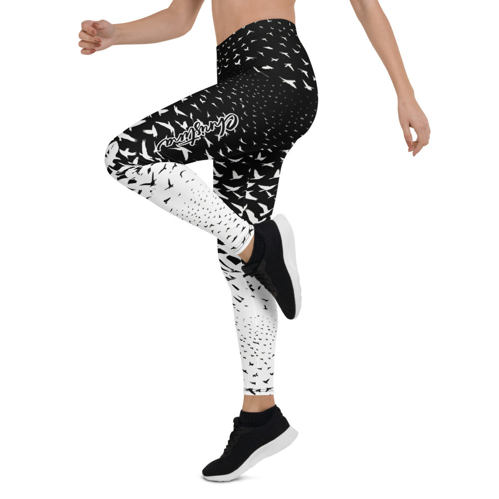 Personalisierte Damen Sportleggings Schwarz Weiß Vogelschwarm Design Yoga Fitnesshose L315
