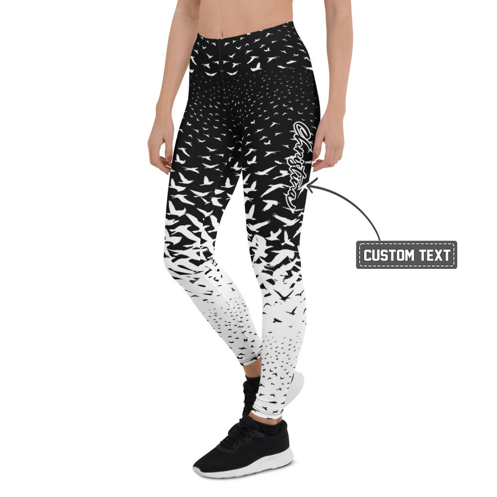 Personalisierte Damen Sportleggings Schwarz Weiß Vogelschwarm Design Yoga Fitnesshose L315 - XL
