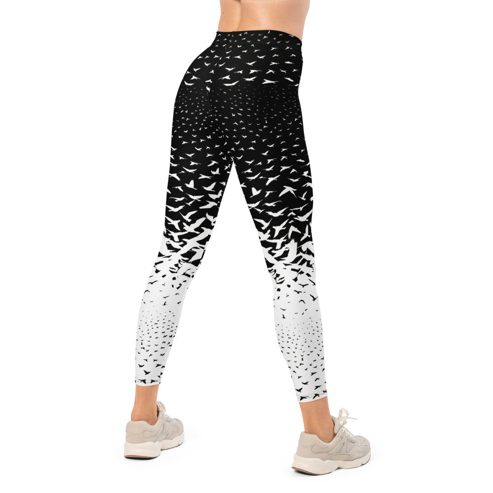 Personalisierte Damen Sportleggings Schwarz Weiß Vogelschwarm Design Yoga Fitnesshose L315