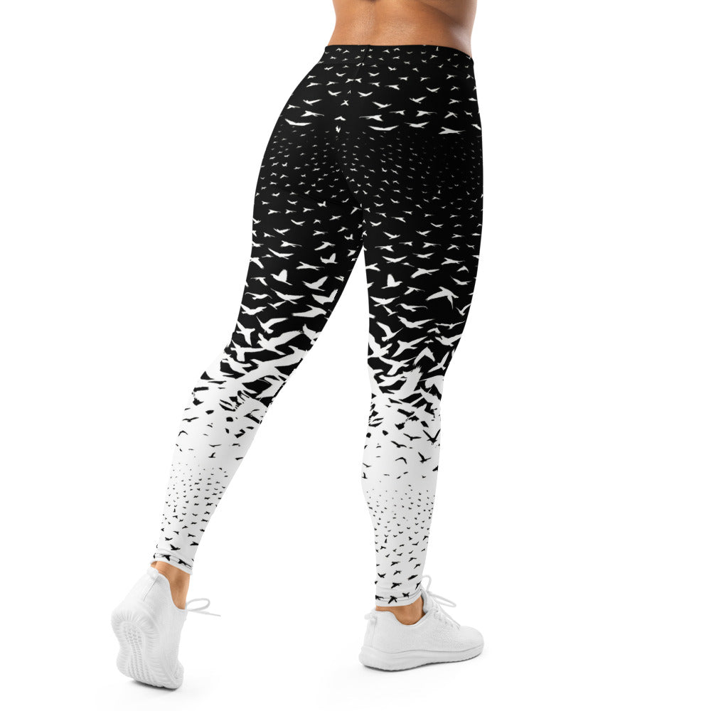 Personalisierte Damen Sportleggings Schwarz Weiß Vogelschwarm Design Yoga Fitnesshose L315