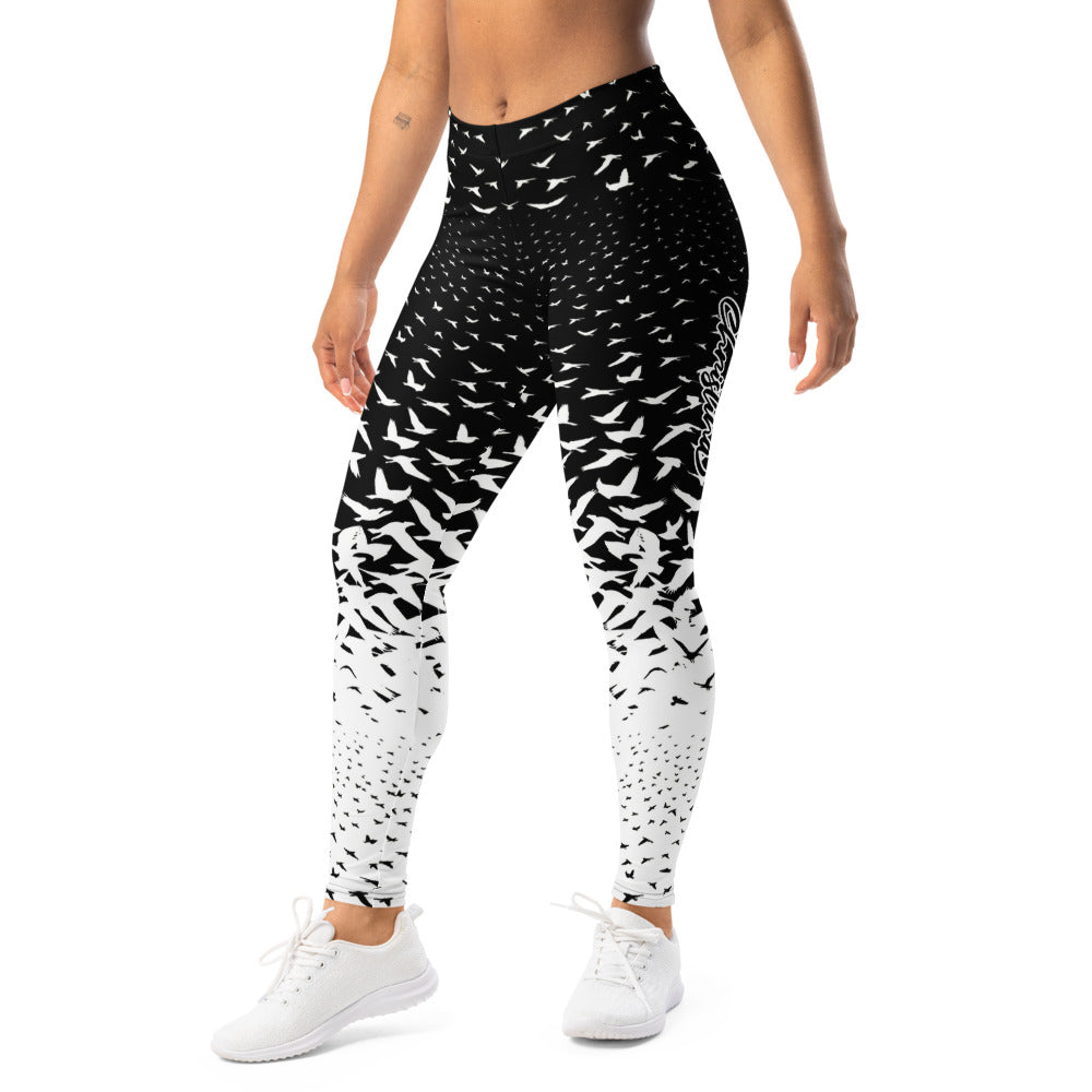 Personalisierte Damen Sportleggings Schwarz Weiß Vogelschwarm Design Yoga Fitnesshose L315