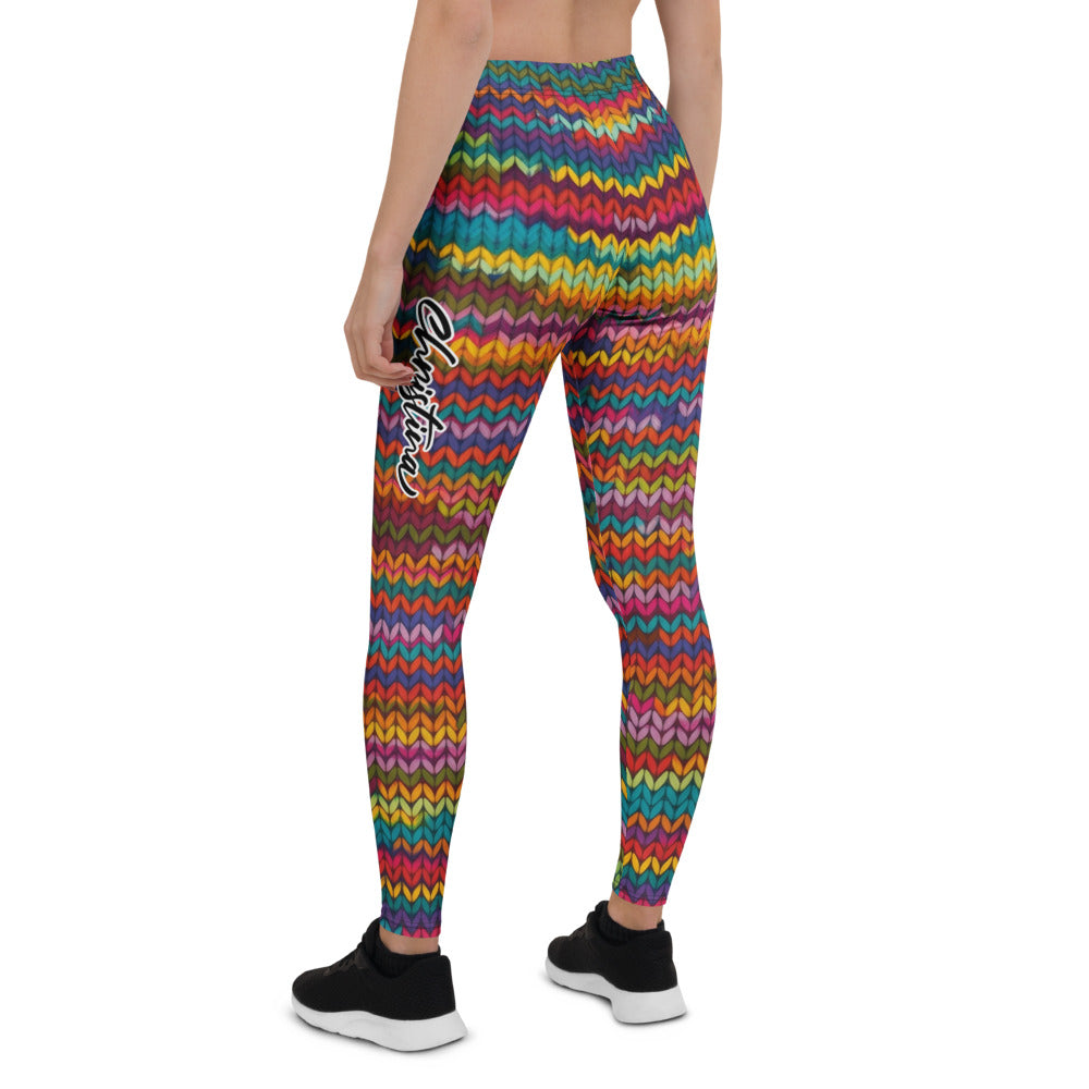 Personalisierte Damen Sportleggings Buntes Strickmuster Regenbogen Fitness Leggings Yoga Hose N326