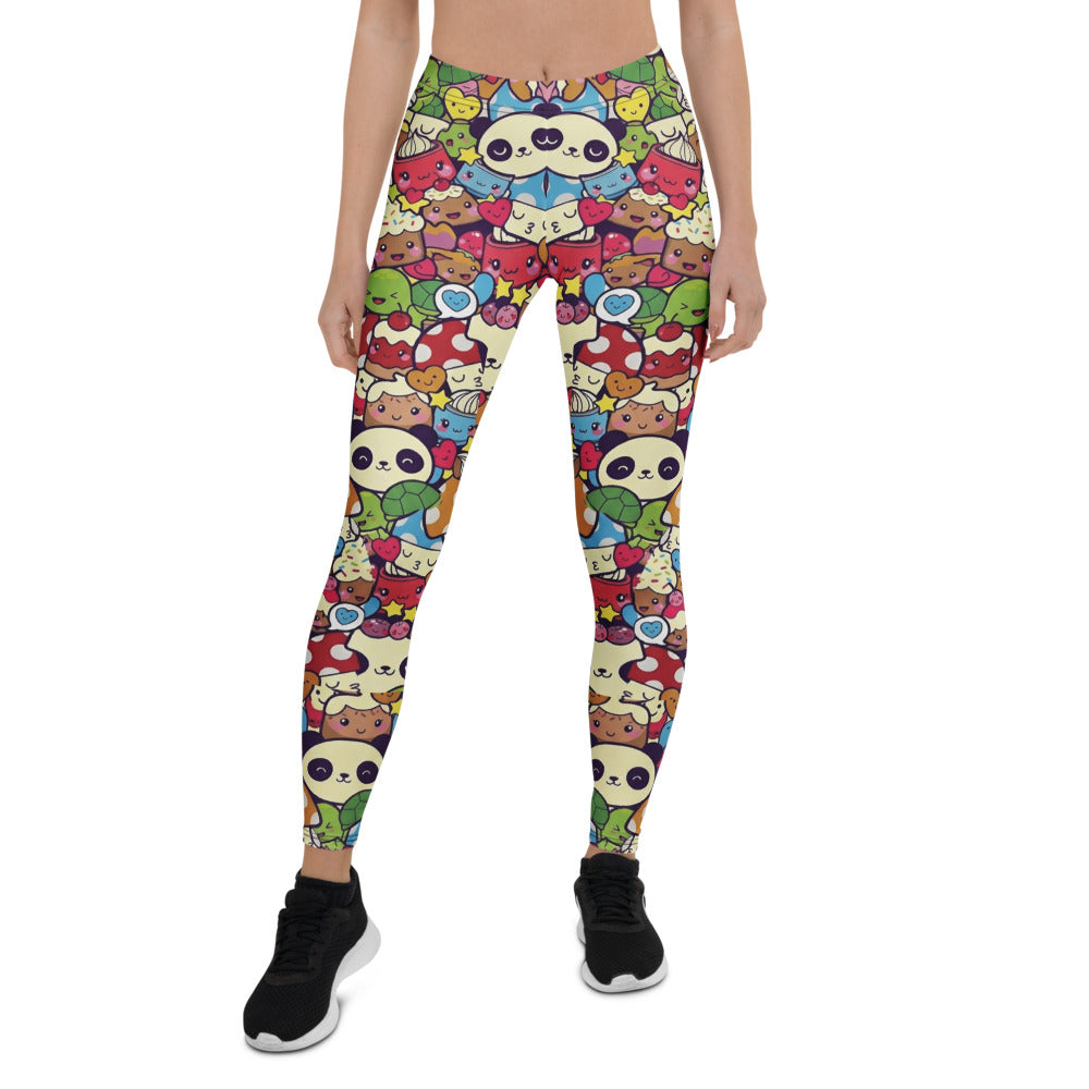 Personalisierte Damen Sportleggings Kawaii Doodle Design Bunt Panda Muster Fitness Yoga Leggings B041