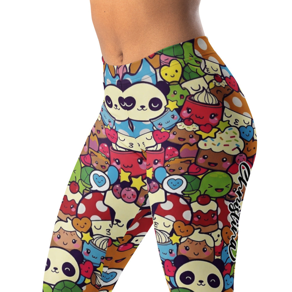 Personalisierte Damen Sportleggings Kawaii Doodle Design Bunt Panda Muster Fitness Yoga Leggings B041