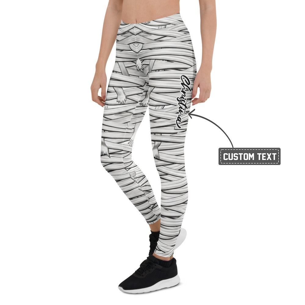 Personalisierte Damen Sportleggings Mumien-Design Weiß Schwarz Halloween Fitness Leggings Bandagen-Optik M509 - XL
