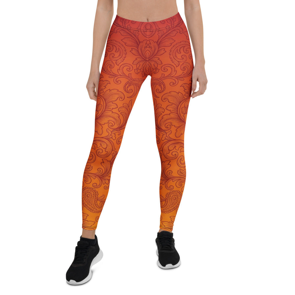 Personalisierte Damen Sportleggings Barock Muster Farbverlauf Rot Orange Fitness Yoga Leggings Z901
